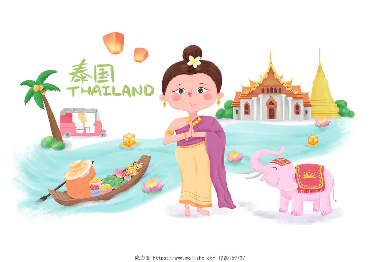 旅游季泰国卡通插画手绘元素